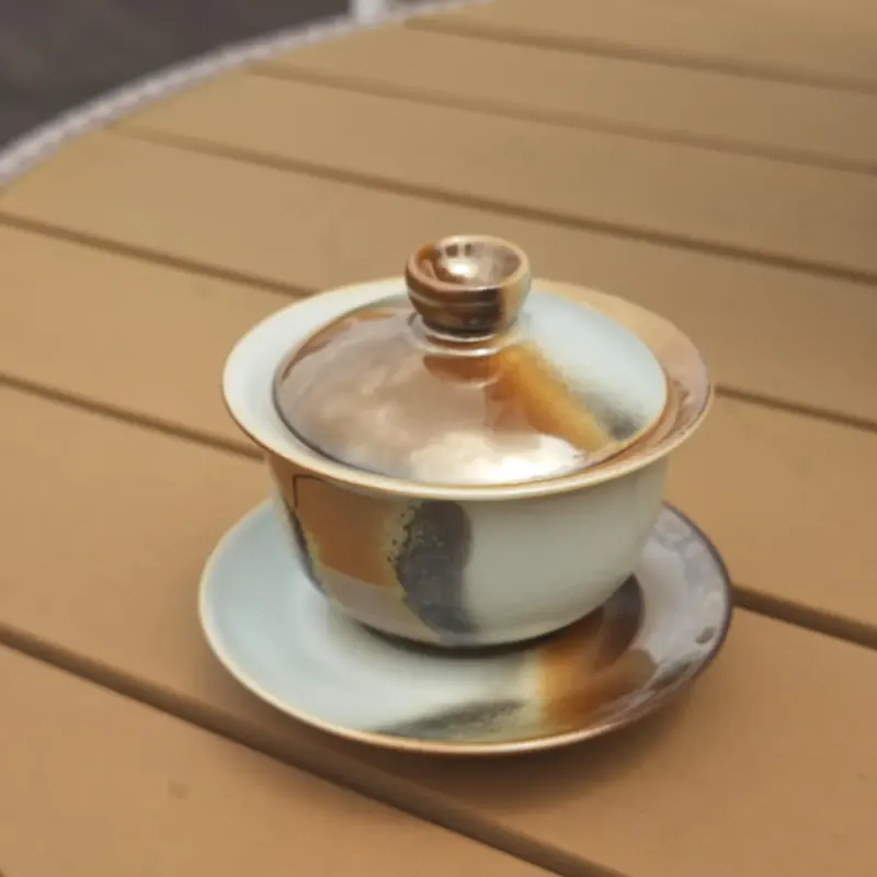 Saturn Gold Gaiwan — Amber and Ash Reactive Glaze, Jingdezhen Porcelain