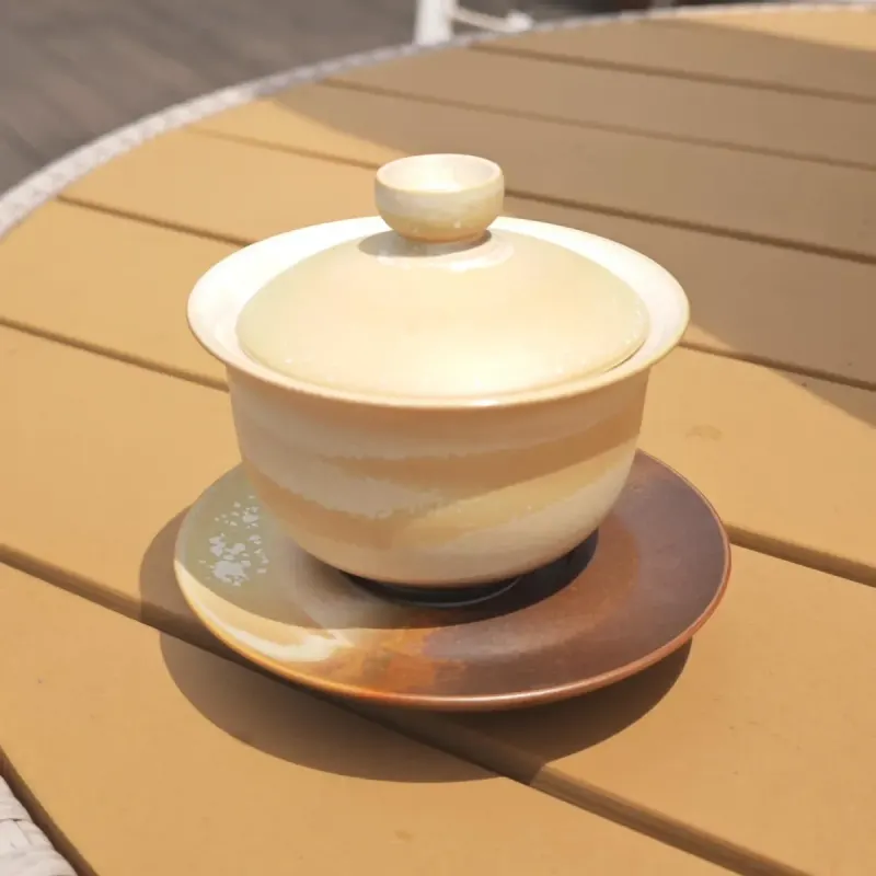 Jupiter Gaiwan — Banded Cream Galaxy Glaze, Jingdezhen Porcelain