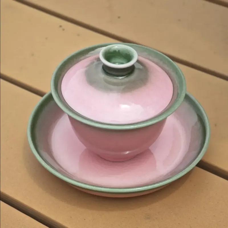 Peony Pink Gaiwan — Celadon Rim, Jingdezhen Porcelain